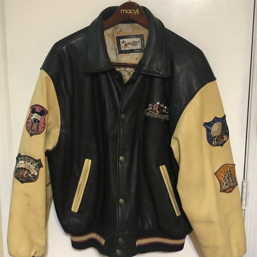 Men’s Black and Tan leather Disney bomber jacket